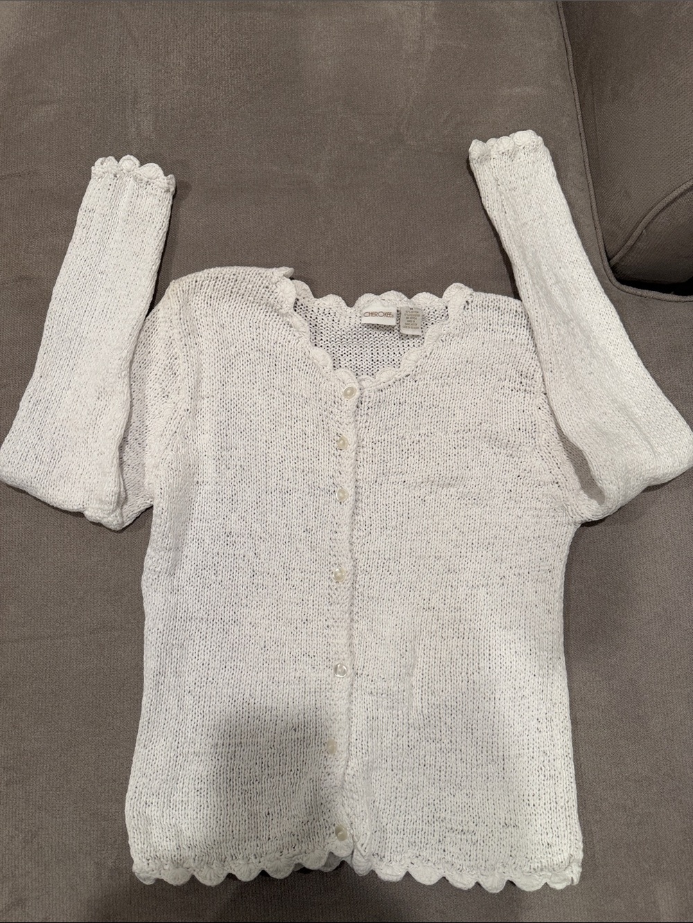 Cherokee White Scalloped-Edge Button cotton Cardigan